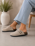 Beige Everyday Comfort Mules Faux Suede Buckle Clogs with Cork Footbed
