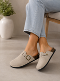 Beige Everyday Comfort Mules Faux Suede Buckle Clogs with Cork Footbed
