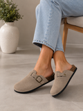 Beige Everyday Comfort Mules Faux Suede Buckle Clogs with Cork Footbed