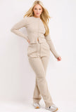 Beige Ribbed Front Button Detail Top & Wide Leg Trouser Loungewear Co-ord
