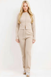 Beige Ribbed Front Button Detail Top & Wide Leg Trouser Loungewear Co-ord