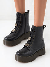 Black Croc Detail Platform Biker Boots with Rhinestone Bee and Jewel Detail