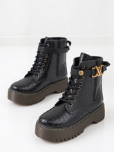 Black Croc Detail Platform Biker Boots with Strap Detail