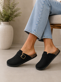 Black Everyday Comfort Mules Faux Suede Buckle Clogs with Cork Footbed