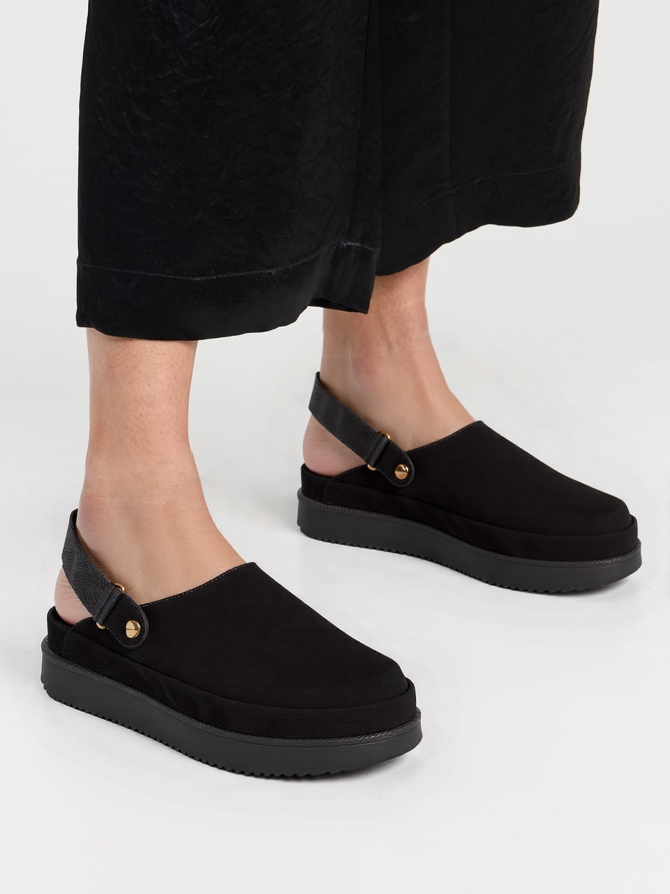 Black Faux Suede Slingback Slip-On Platform Clogs