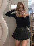 Black Leather PU Pleated Mini Tennis Skort With Belt