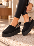 Black Platform Faux Suede Mule Clogs with Adjustable Slingback Strap