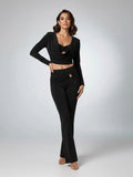 Black Slinky Cowl Neck Crop Top & Flared Trouser Co-ord
