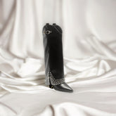 Black Studded Knee High Fold Over Buckle Cowboy Boot