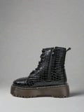 Black Croc Detail Platform Biker Boots with Rhinestone Bee and Jewel Detail