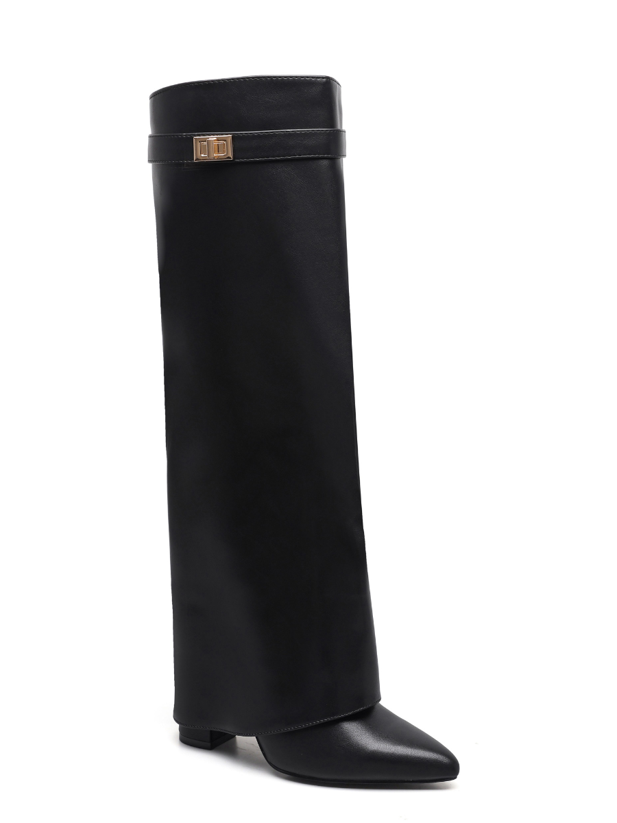 Black Fold Over Gold Buckle Heeled Cowboy Boots
