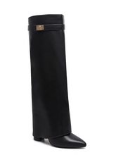Black Fold Over Gold Buckle Heeled Cowboy Boots