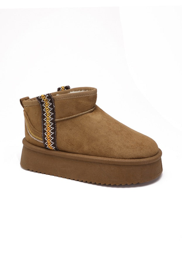 Camel Aztec Detail Chunky Platform Sole Fur Lined Ankle Boots
