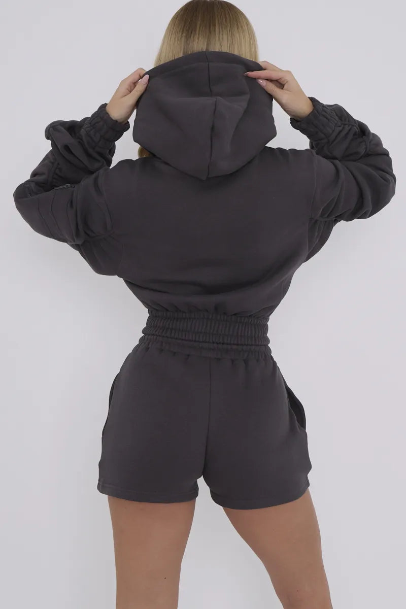 Charcoal Grey Cropped Ruched Sleeve Hoodie & Shorts Loungewear Co-ord