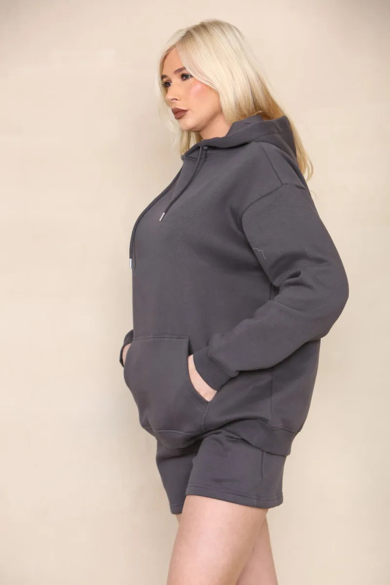 Charcoal Grey Oversized Hoodie & Shorts Co-Ord Loungewear Set