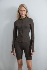Chocolate Brown Zip Up Jacket & Shorts Contour Sculpt Gym Set