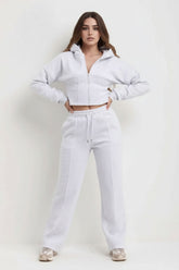 Grey Corset Cropped Zip-Up Hoodie & Wide Leg Joggers Loungewear Set