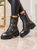 Gunmetal Grey Chunky Triple Buckle Biker Boots