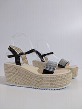 Black Patent Diamante Espadrille Wedge Sandals