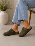 Khaki Green Everyday Comfort Mules Faux Suede Buckle Clogs with Cork Footbed