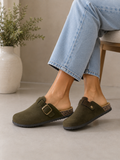 Khaki Green Everyday Comfort Mules Faux Suede Buckle Clogs with Cork Footbed