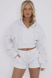 Light Grey Cropped Ruched Sleeve Hoodie & Shorts Loungewear Co-ord