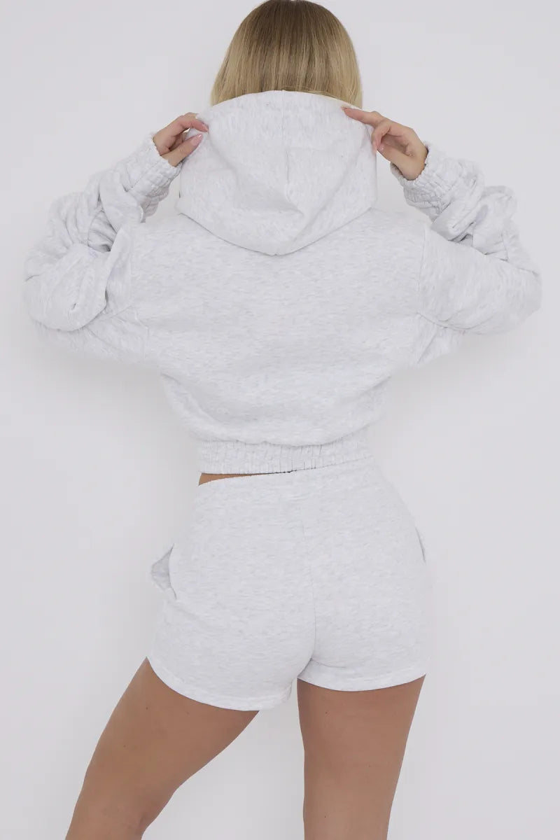 Light Grey Cropped Ruched Sleeve Hoodie & Shorts Loungewear Co-ord