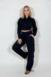 Navy Cropped Zip Sweatshirt & Cargo Jogger Co-ord Set