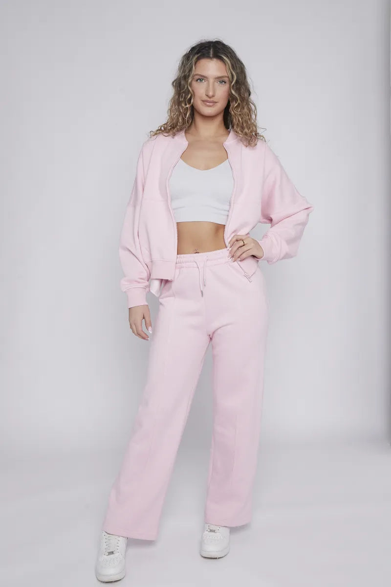 Pink Bomber Style Jacket & Wide Leg Bottoms Co-ord Loungewear Set