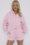 Pink Cropped Ruched Sleeve Hoodie & Shorts Loungewear Co-ord