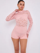Pink Lace Detail High Neck Long Sleeves Bodycon Playsuit