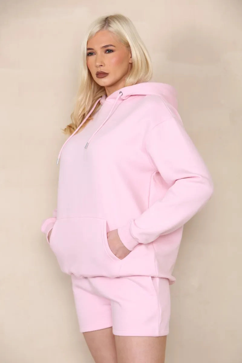 Pink Oversized Hoodie & Shorts Co-Ord Loungewear Set