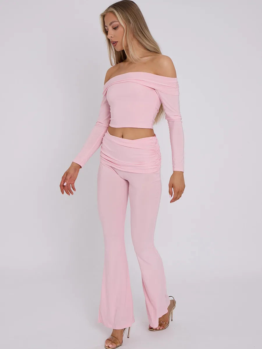 Pink Slinky Off Shoulder Crop Top & Fold Over Flares Trousers Co-ord Set