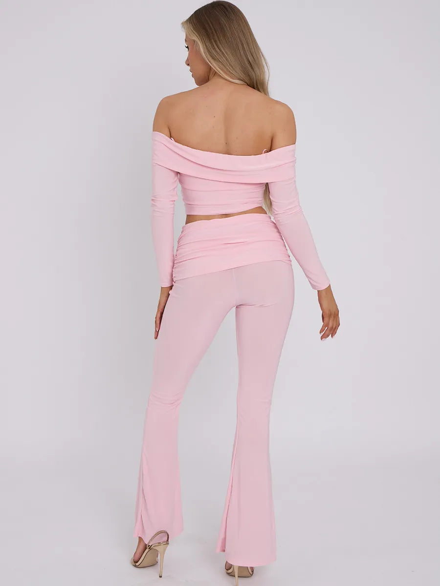 Pink Slinky Off Shoulder Crop Top & Fold Over Flares Trousers Co-ord Set
