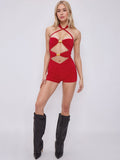 Red Coil Cut Out Detail Halter Neck Slinky Ruched Playsuit