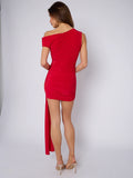 Red Ruched Detail Slinky Ruched Drape Mini Dress