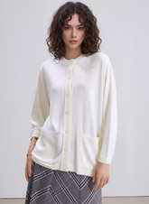 Cream Round Neck Button Pocket Cardigan