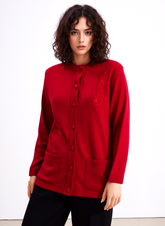 Red Round Neck Button Cardigan