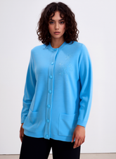 Blue Round Neck Button Pocket Cardigan