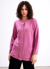 Pink Round Neck Button Pocket Cardigan