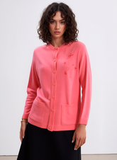 Coral Round Neck Button Pocket Cardigan