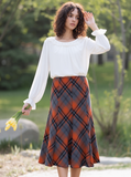 Grey & Orange Elasticated Lined A-Line Checked Tartan Skirt