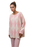 Chic Pink & Cream Argyle Knit Sweater for Women - Lightweight Long Sleeve Pullover Top