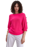 Women's Hot Pink Boat Neck Sweater - 3/4 Balloon Sleeve Knit Top with Button Details