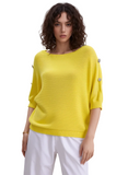 Women's Chic Yellow Knit Boat Neck Sweater - 3/4 Sleeve Top with Decorative Buttons