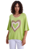 Chic Lime Green Knit Heart Design Dolman Sleeve Sweater Top for Women - Loose Fit & Comfortable