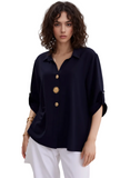 Women's Black Relaxed Fit Blouse with Gold Sun Buttons & Roll-Up Sleeves - Elegant Casual Tunic Top