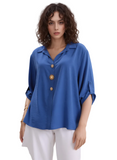 Women's Royal Blue/Denim Blue Roll-Tab Sleeve Blouse - Chic V-Neck Top with Unique Gold Sun Buttons, Relaxed Fit & 3/4 Sleeves