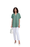 Women's Sage Green V-Neck Blouse - Short Sleeve Button-Front Relaxed Fit Top