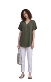 Women's Olive Green Khaki V-Neck Short Sleeve Blouse - Relaxed Fit Button Detail Tunic Top